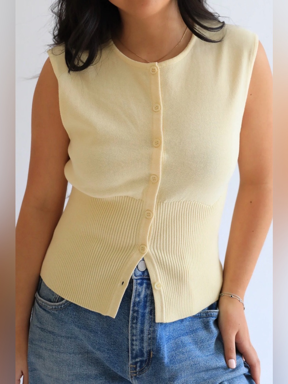 Sleeveless Button-Front Knit Top - Cream